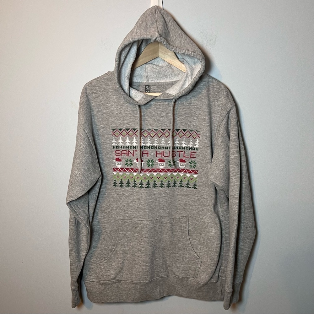 Santa Hustle Christmas Hoodie Women’s size L Gray Sweatshirt Ho Ho Ho Soft Cozy